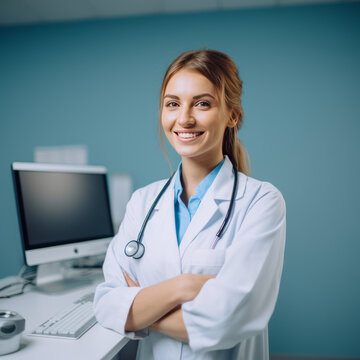 Beautiful smiling female doctor standing in white coat in hospital