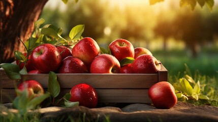 Ripe red organic apples in a grassy garden under an apple tree In an old wooden crate With copyspace for text