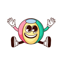 Groovy beach ball character vector illustration. Cartoon isolated retro cute sticker of summer pool party with inflatable happy rubber ball jumping in air, fun jump of toy mascot with arms and legs