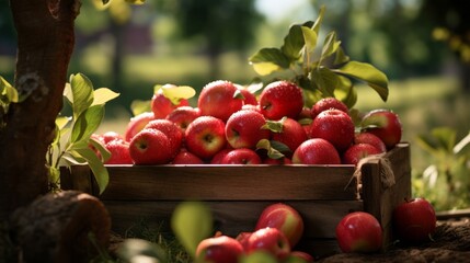 Ripe red organic apples in a grassy garden under an apple tree In an old wooden crate With copyspace for text