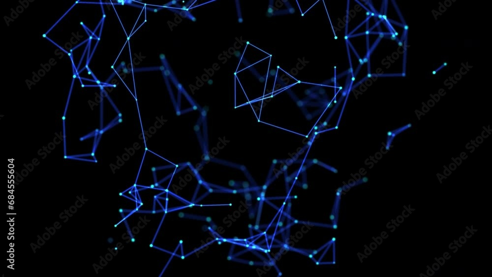 Aufkleber plexus of moving glowing dots and lines on black background: futuristic abstract concept of digital 