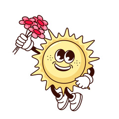 Groovy sun character vector illustration. Cartoon isolated retro happy sunny sticker of hot sun jumping with summer flowers surprise gift, funny kawaii emoji with cute face greeting with birthday