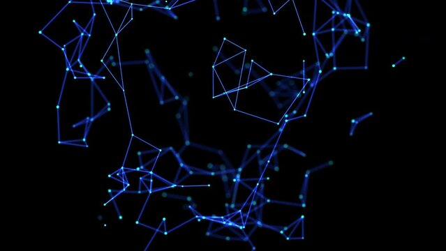 Plexus of moving glowing dots and lines on black background: futuristic abstract concept of digital connection, artificial intelligence or innovative technology. Visualization of digital galaxy