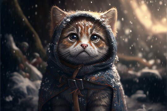 cat in snow wearing a jacket with trees and snow full bg