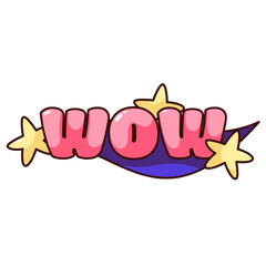 Groovy sticker with Wow text and yellow stars vector illustration. Cartoon isolated comic retro cute patch, happy Wow word label from bubble shape letters in pink fun font, trendy surprise badge