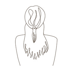 Line art of long hair woman with half up do hairstyle standing in casual clothing. rear view.