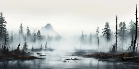 Foto op Plexiglas Swamp with trees in misty fog at sunrise. Tranquil, moody landscape. Generative AI © AngrySun