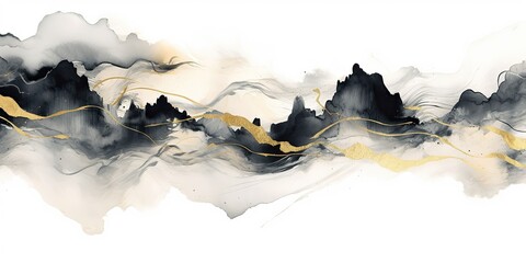 Abstract geometric drawing painting ink sketch golden brown mountains hills rocks on white background. Adventure explore - obrazy, fototapety, plakaty