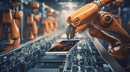 Robot assembly line with smartphone in factory