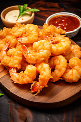 Flavorful Treat: Served Tempura Shrimp with a Side of Dipping Sauce on a Board