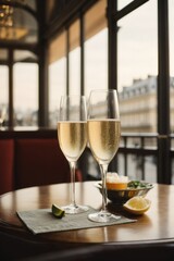 Close-up of two glasses of champagne with citrus fruits on the table. - obrazy, fototapety, plakaty