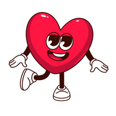 Groovy heart character vector illustration. Cartoon isolated retro Valentines day sticker, patch of love and birthday gift with funny cute red bright heart, romantic mascot with happy face walking