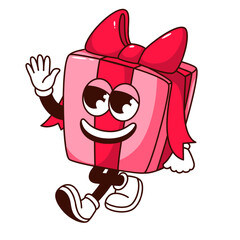 Groovy gift box character vector illustration. Cartoon isolated retro birthday or Valentines day present sticker, funny pink box with red ribbon bow and happy face walking to party and waving