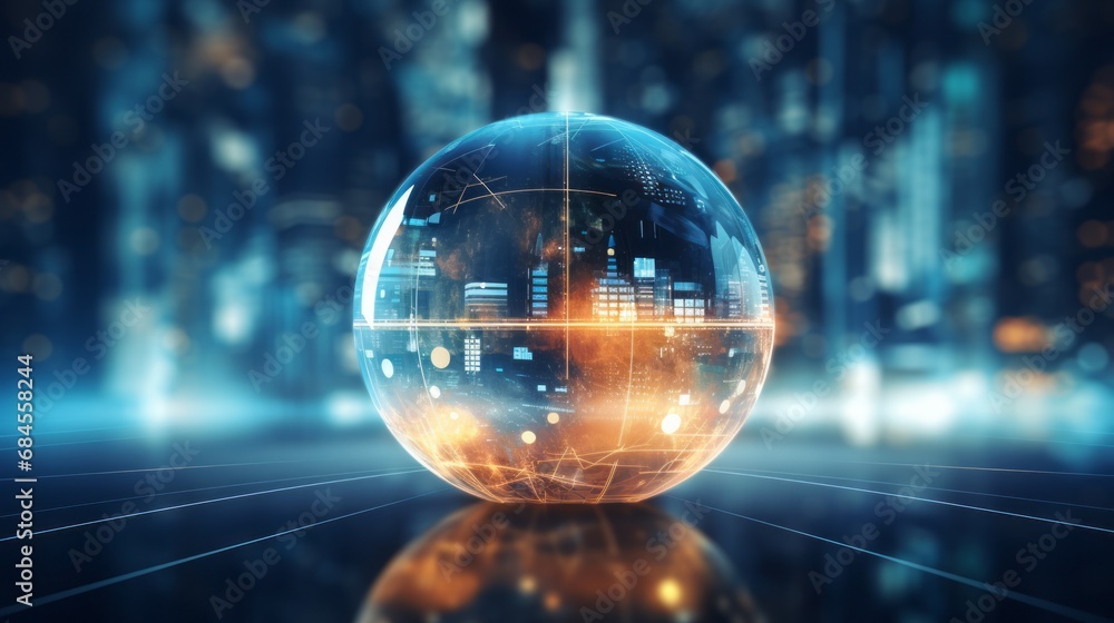 Poster glowing transparent sphere on abstract futuristic digital technology background, illuminating the sc