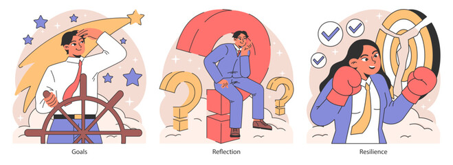 Life navigation set. Personal progress and finding purpose in life. Diverse characters achieving goals, embracing authenticity, and overcoming challenges. Flat vector illustration