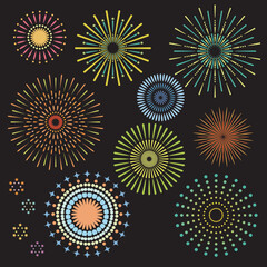 Vector illustration set of simple and colorful fireworks.