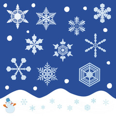 Vector illustration set of simple snowflakes and snowmen.