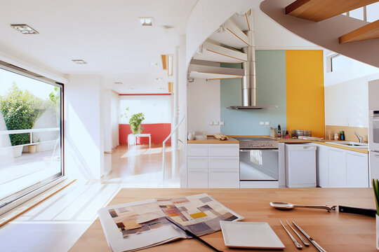 Architect or interior design concept. Choosing a paint color for a house, apartment or apartment.