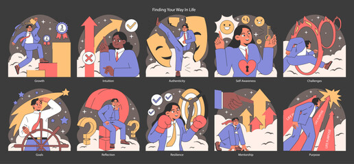 Life navigation dark or night mode set. Personal progress and finding purpose in life. Diverse characters achieving goals, embracing authenticity, and overcoming challenges. Flat vector illustration
