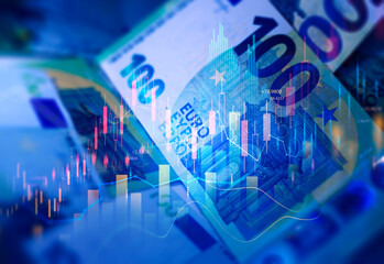 Euro banknotes with stock market chart graph for currency exchange and global trade forex concept.