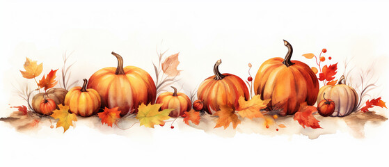Autumnal Artistry: Watercolor Border Highlighting Pumpkins and Fall Leaves