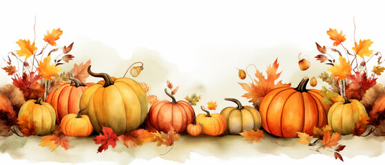 Watercolor Harvest: Border Featuring Pumpkins and Fall Leaves in Fall Tones