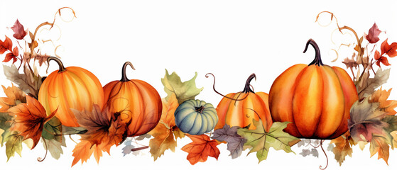 Watercolor Harvest: Border Featuring Pumpkins and Fall Leaves in Fall Tones