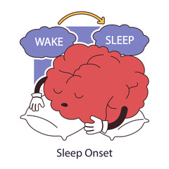 Sleep onset. Transition between wake and sleep. Brain nestled on a pillow falling asleep during the night. Dreaming male character. Flat vector illustration.