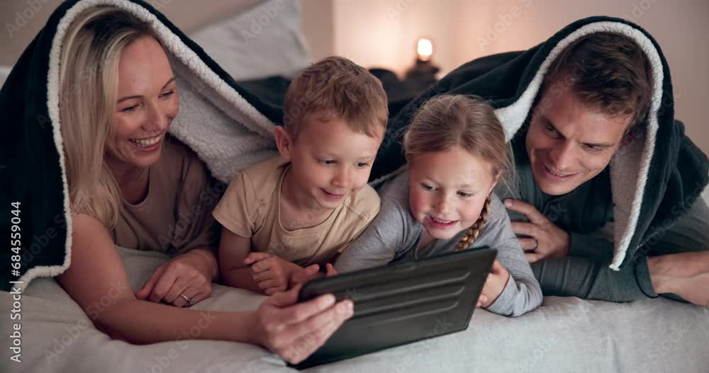 Poster Smile, tablet and family on a bed with a blanket relaxing, bonding and watching a movie or show. Happy, digital technology and children laying and networking with parents in bedroom together in house