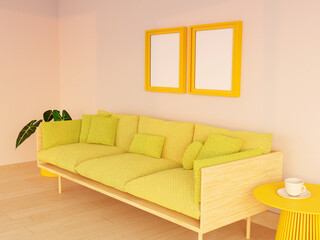 Living room interior with sofa, side table, picture frame mockup, pillows, plant. 3D rendering.