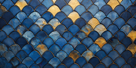 Mosaic Texture With Blue And Gold Elements Created Using Artificial Intelligence