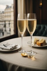 Close-up of two glasses of champagne with citrus fruits on the table.