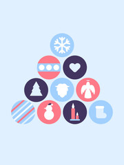 Merry Christmas modern card. Poster with geometric composition of holiday's symbols. Flat style, geometry, mosaic, modern concept. Vector Illustration in flat style