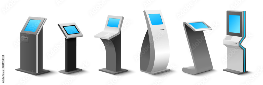 Poster different self-service kiosk to order and payment online realistic mockup set