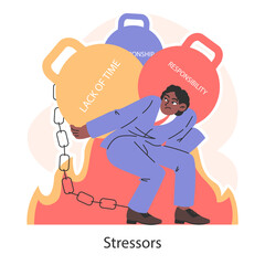 Overwhelmed businessman bending under heavy stressors. Serious responsibility and lack of time on a workplace. Modern life challenges. Mental and physical strain. Flat vector illustration.