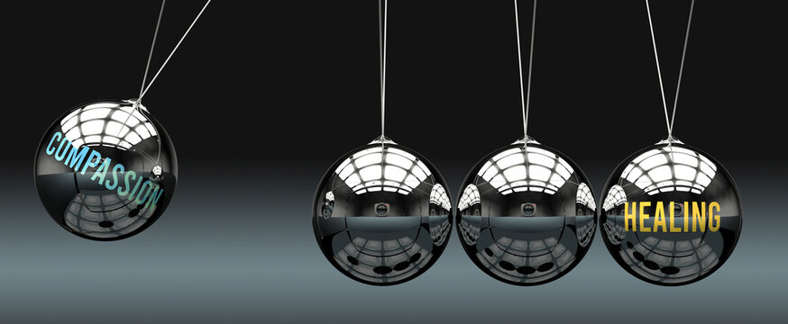 Compassion leads to Healing. A metaphor in which compassion initiates motion of healing and gives it energy. Cause and effect relation between compassion and healing.,3d illustration