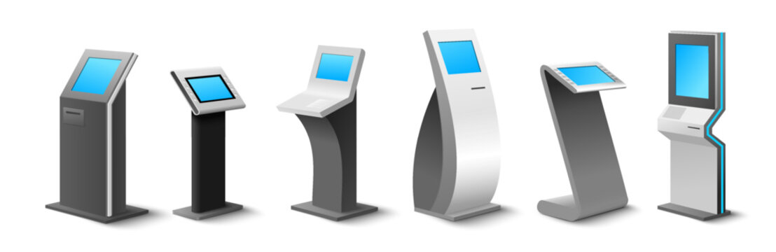 Different self-service kiosk to order and payment online realistic mockup set