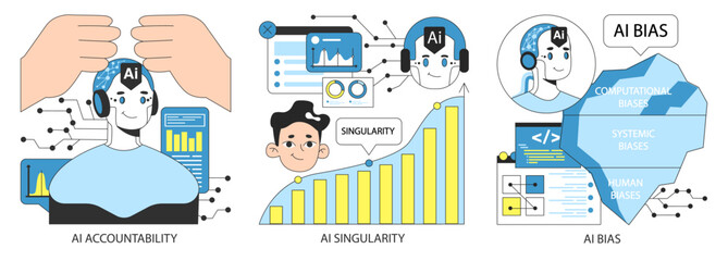 AI ethics set. Artificial intelligence alignment and regulation. Accountability, singularity and autonomy, bias types, transparency, safety and privacy. Flat vector illustration.