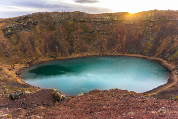 View of Kerid crater lake in Iceland in autumn day