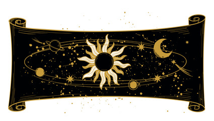 Vintage scroll of the universe with the sun and planets on a black background with stars. Card for Tarot, astrology, zodiac. Mystical vector ornament in boho style isolated on white background.