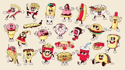 Groovy fast food stickers set vector illustration. Cartoon isolated retro crazy dance of pizza and burger mascot, fries and popcorn characters with psychedelic cute faces, funky tasty food emoji