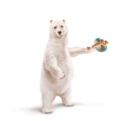 Obraz premium illustration d'un ours polaire qui tiens un poisson grodin volant. dans sa main avec un e écharpe 
