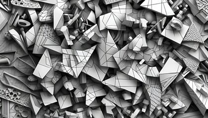 Hundreds of geometric forms and graphic shapes lying next to each other in black and white - Ai...