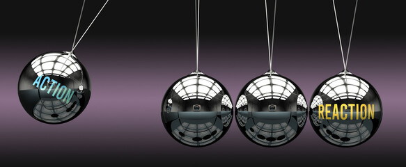 Action leads to Reaction. A metaphor in which action initiates motion of reaction and gives it energy. Cause and effect relation between action and reaction.,3d illustration