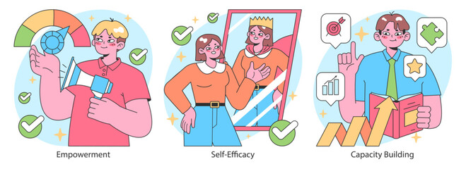 Empowerment set. Confident office employees, inclusive team collaboration. Worker autonomy in decision-making, business capacity building, task delegation. Flat vector illustration.