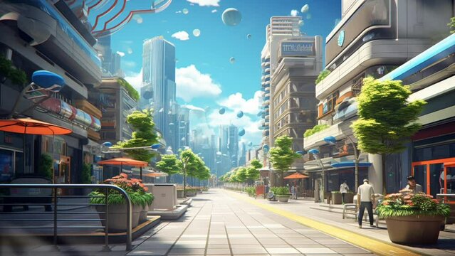 Summer on urban streets in the morning, anime or cartoon illustration style. seamless looping video background animation. Generated with AI