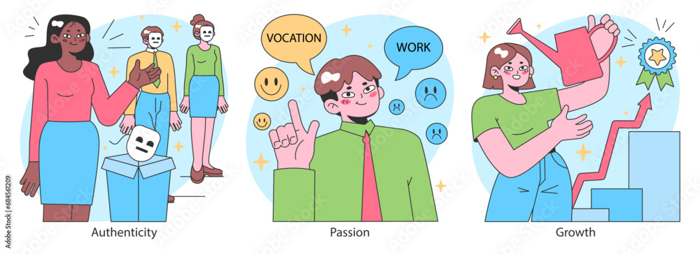 Poster finding your way in life set. diverse character navigating personal development and career paths. im