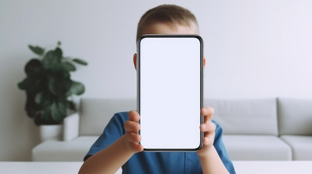 Excited child with smartphone photo realistic illustration - Generative AI.