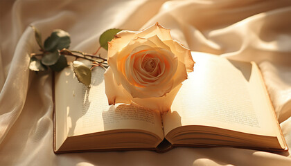Pink champagne colored rose and vintage book on white satin. Romantic, Valentines design background copy space