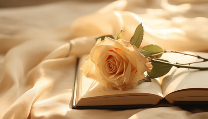 Pink champagne colored rose and vintage book on white satin. Romantic, Valentines design background copy space
